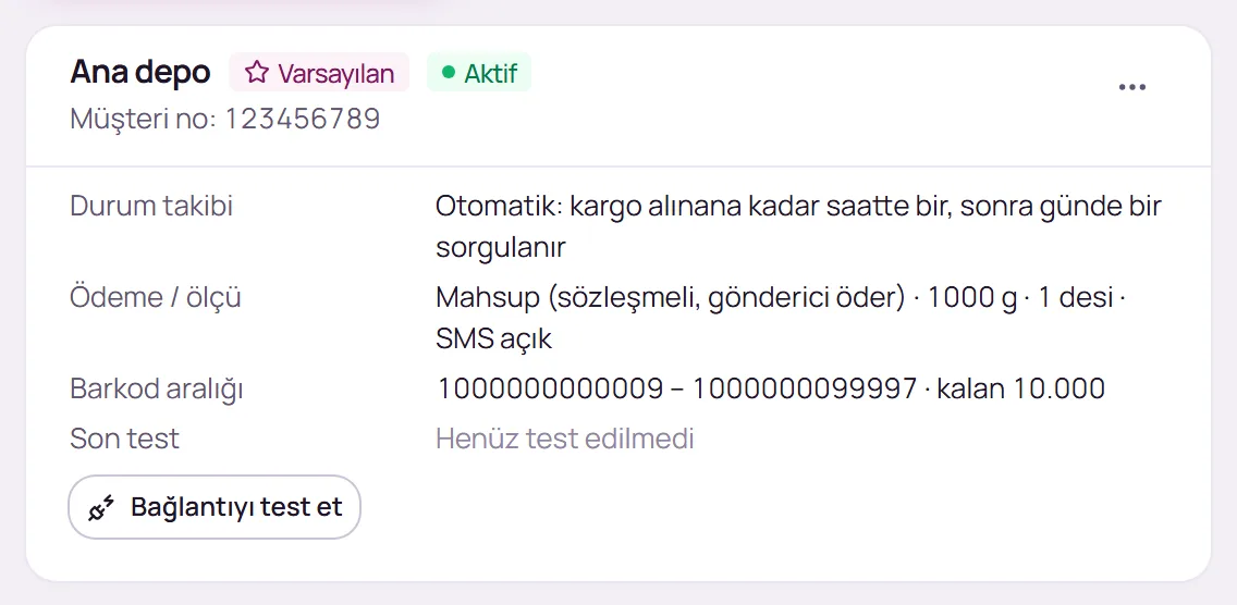 Kaydedilmiş PTT Kargo bağlantı kartı
