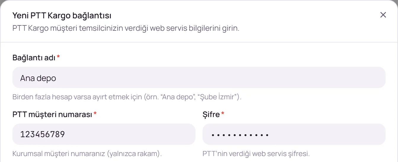 Bağlantı adı ve PTT Kargo hesap bilgileri alanları