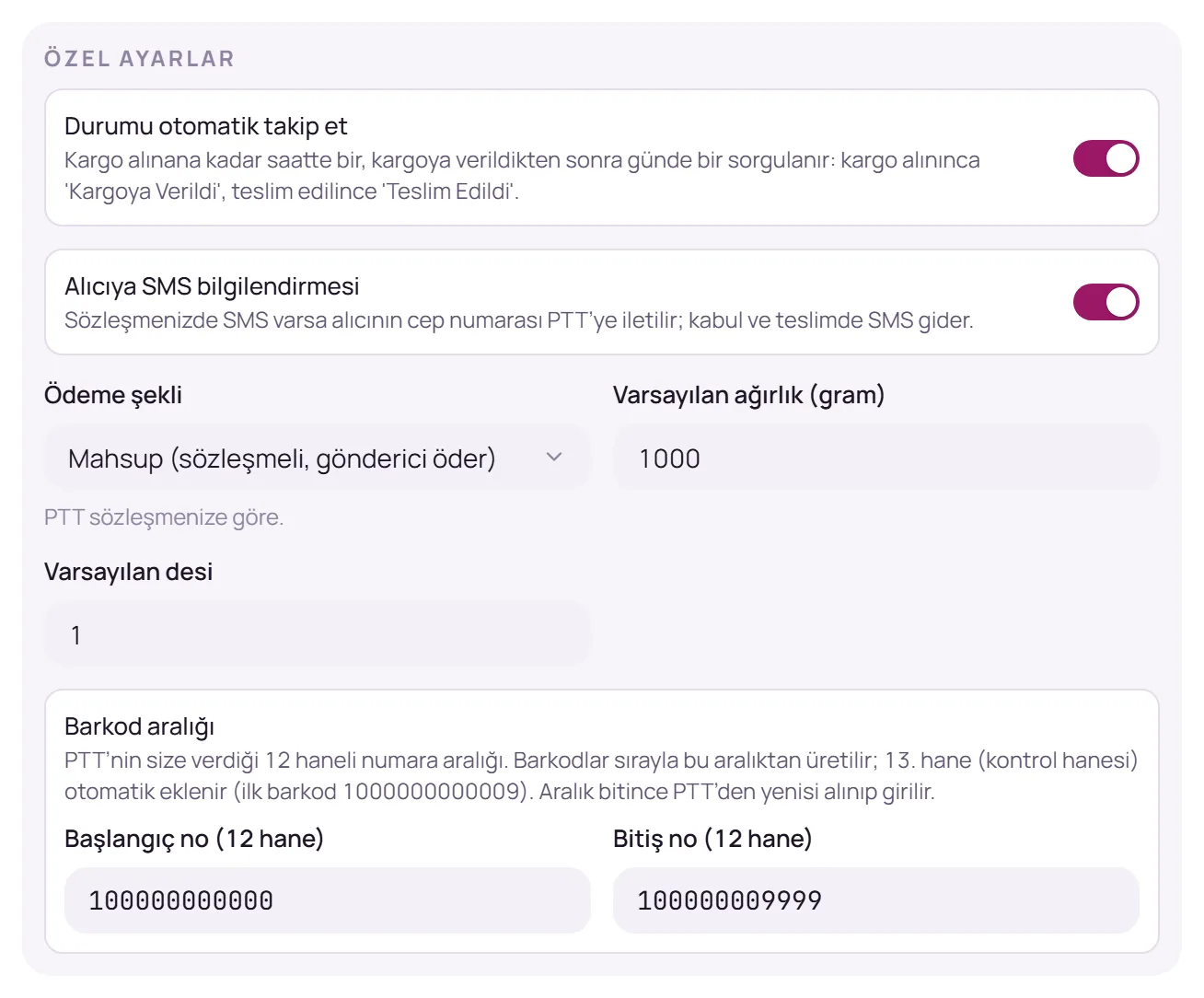 Özel ayarlar bölümü