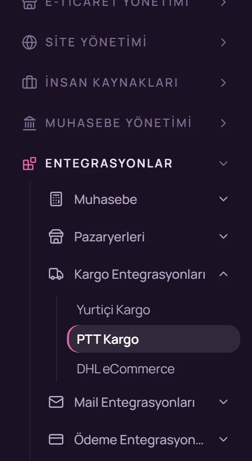 Sol menüde Entegrasyonlar, Kargo Entegrasyonları ve PTT Kargo seçimi