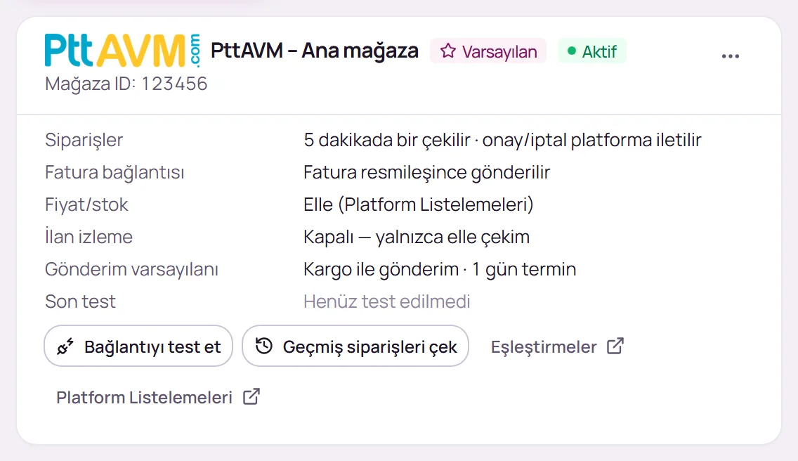 Kaydedilmiş PttAVM bağlantı kartı