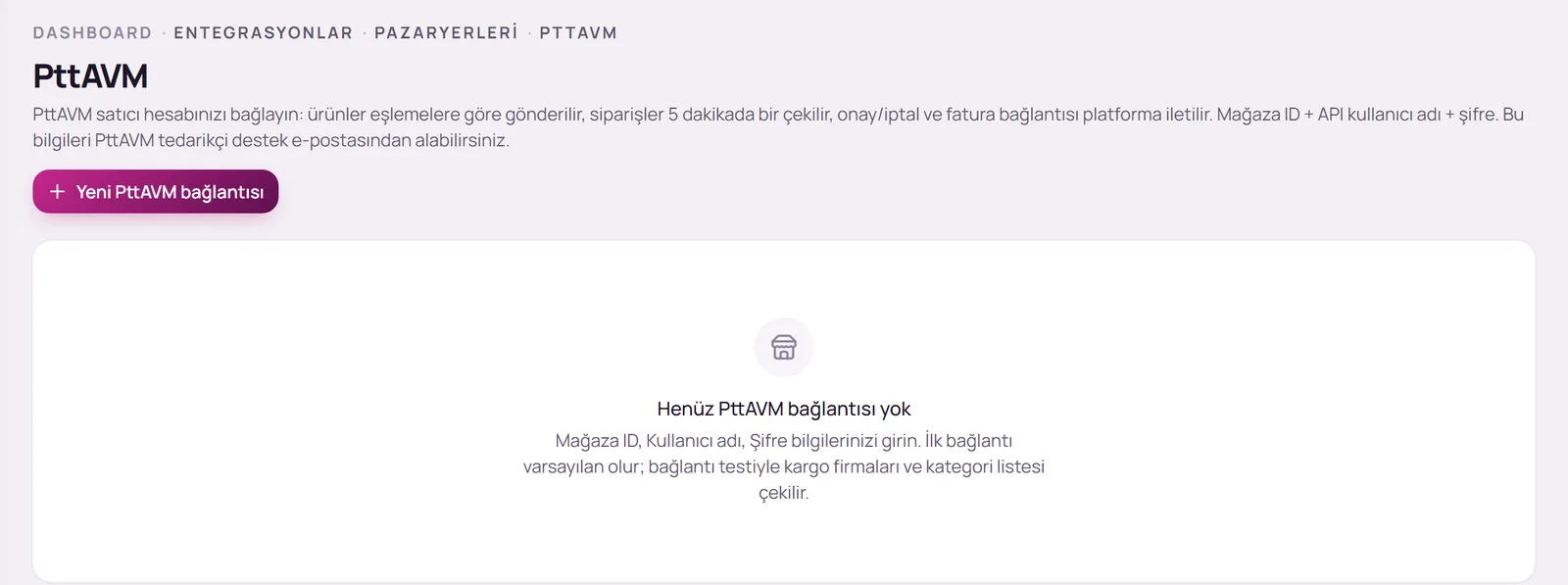 PttAVM sayfası ve Yeni PttAVM bağlantısı düğmesi