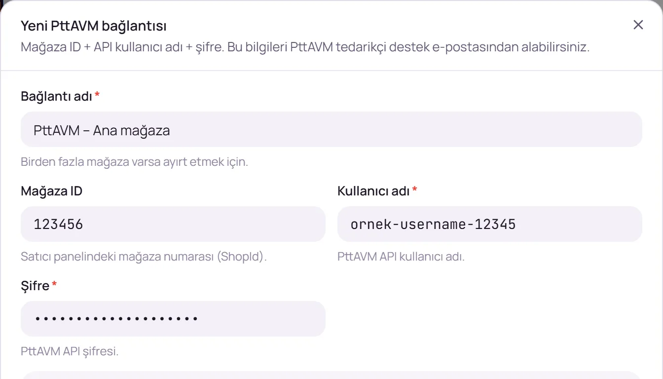 Bağlantı adı ve PttAVM mağaza bilgileri alanları