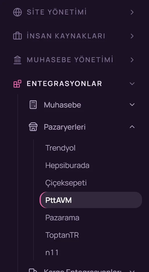 Sol menüde Entegrasyonlar, Pazaryerleri ve PttAVM seçimi
