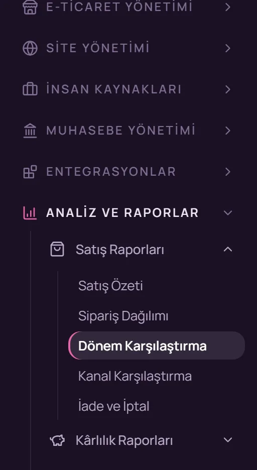 Sol menüde Analiz ve Raporlar, Satış Raporları, Dönem Karşılaştırma seçimi
