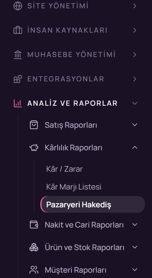 Sol menüde Analiz ve Raporlar, Kârlılık Raporları, Pazaryeri Hakediş seçimi