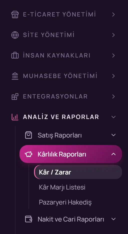 Sol menüde Analiz ve Raporlar, Kârlılık Raporları, Kâr / Zarar seçimi