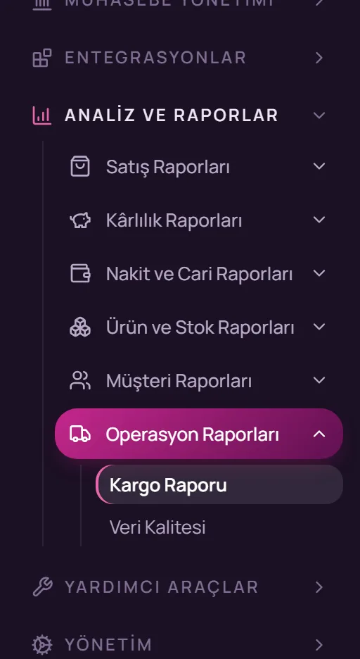Sol menüde Analiz ve Raporlar, Operasyon Raporları, Kargo Raporu seçimi