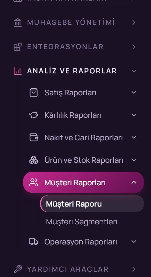 Sol menüde Analiz ve Raporlar, Müşteri Raporları, Müşteri Raporu seçimi