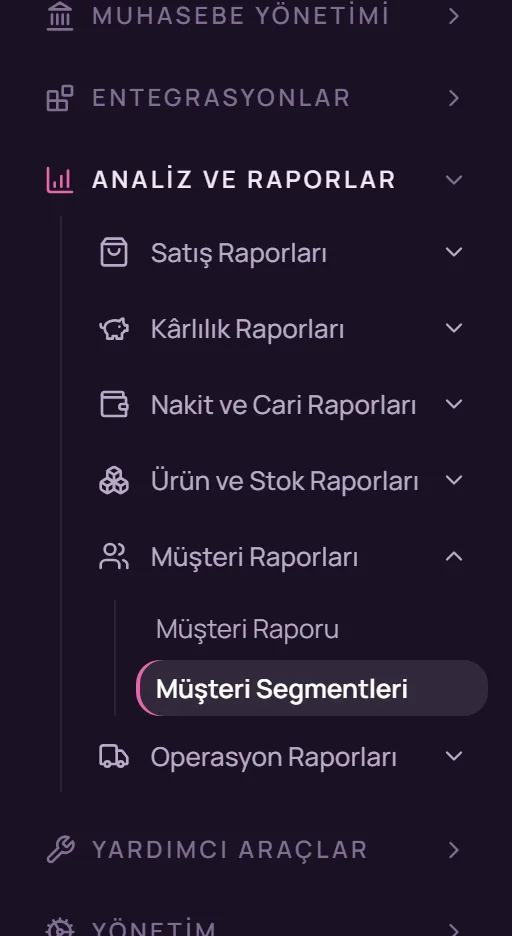 Sol menüde Analiz ve Raporlar, Müşteri Raporları, Müşteri Segmentleri seçimi