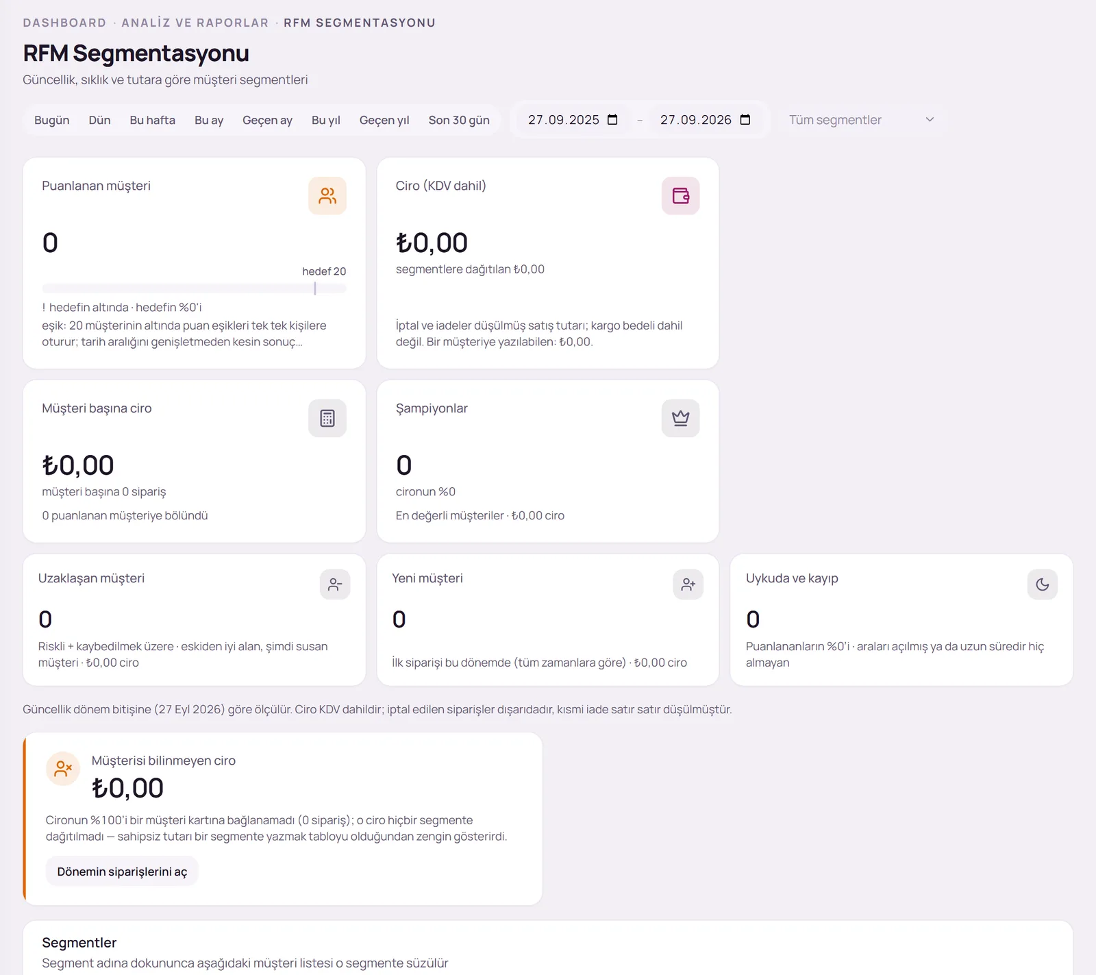 RFM Segmentasyonu ekranının üst bölümü
