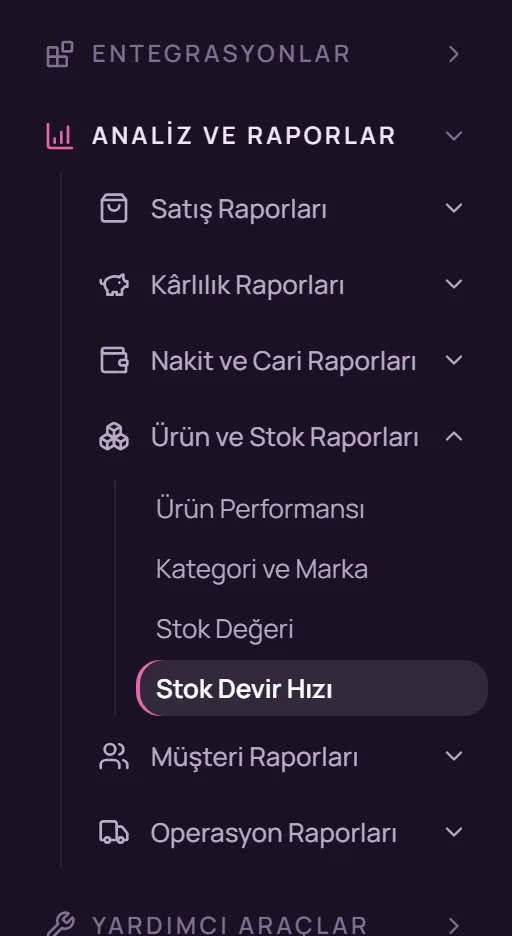 Sol menüde Analiz ve Raporlar, Ürün ve Stok Raporları, Stok Devir Hızı seçimi