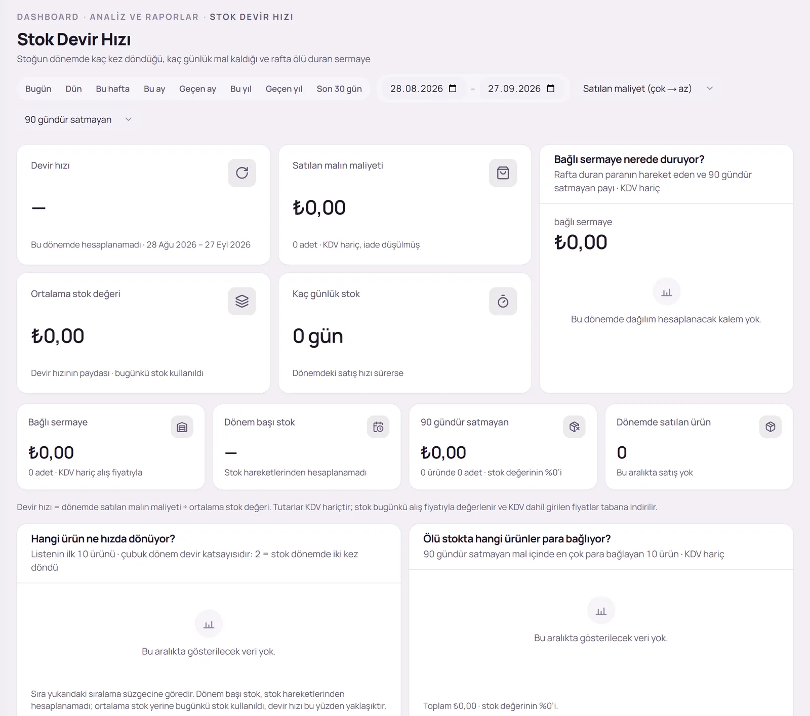 Stok Devir Hızı raporunun üst bölümü
