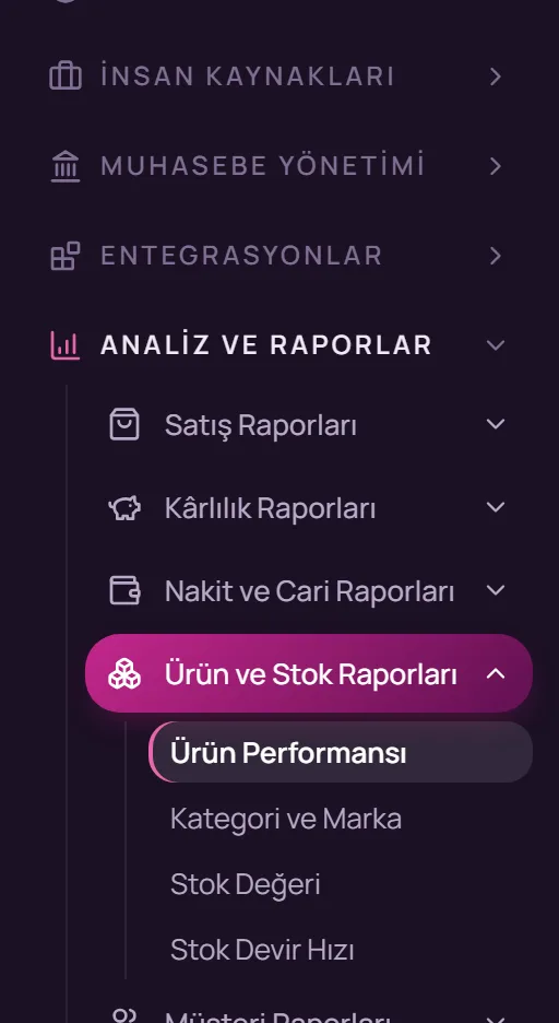 Sol menüde Analiz ve Raporlar, Ürün ve Stok Raporları, Ürün Performansı seçimi