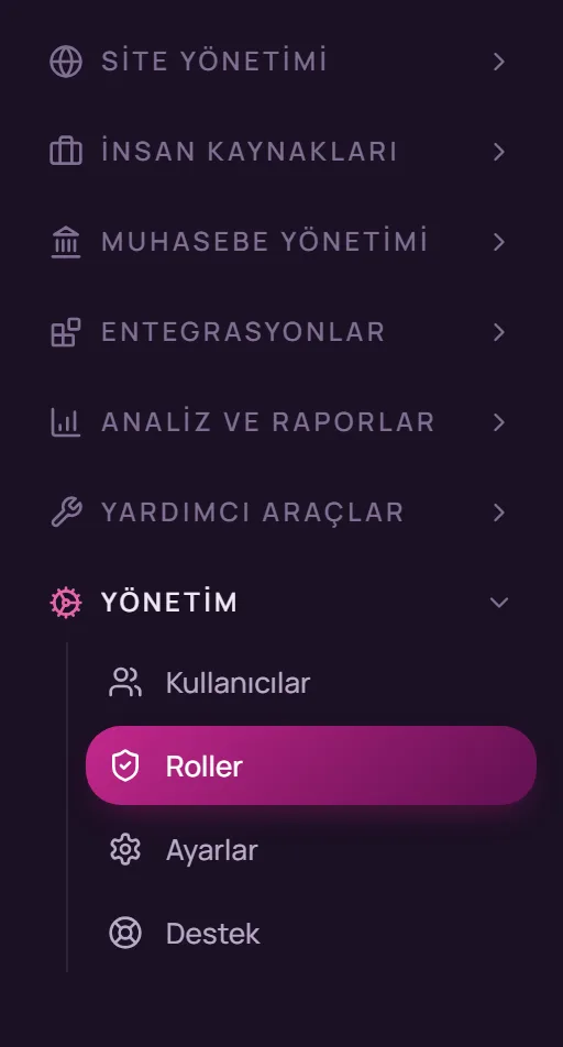 Sol menüde Yönetim, Roller seçimi