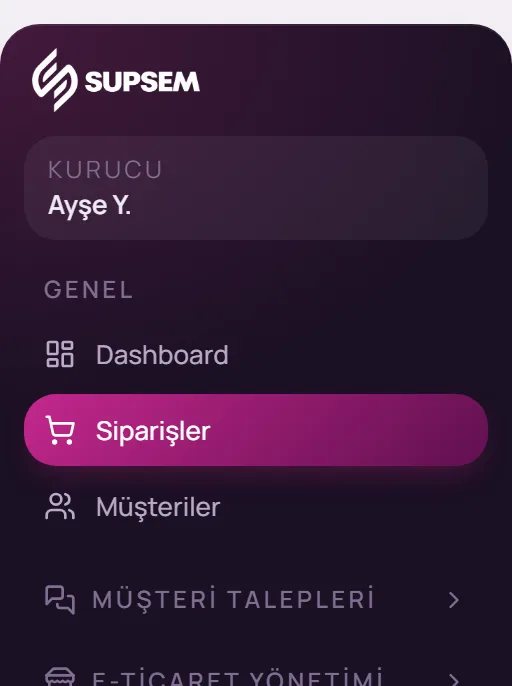 Sol menüde Genel, Siparişler seçimi