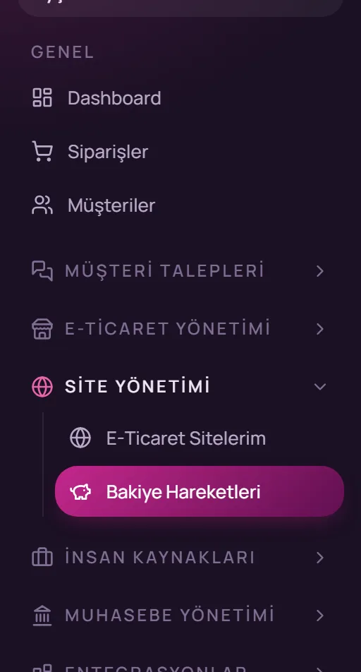 Sol menüde Site Yönetimi, Bakiye Hareketleri seçimi