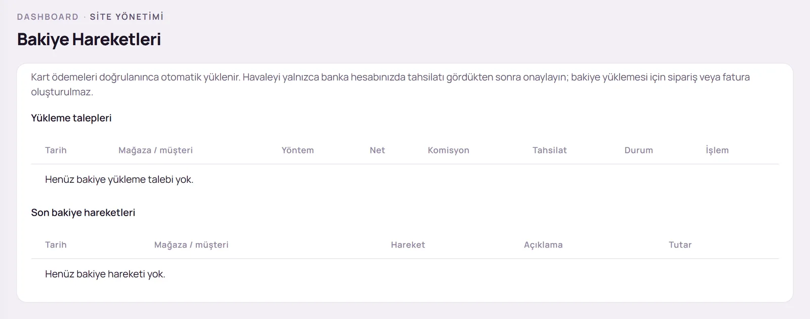 Bakiye Hareketleri sayfası