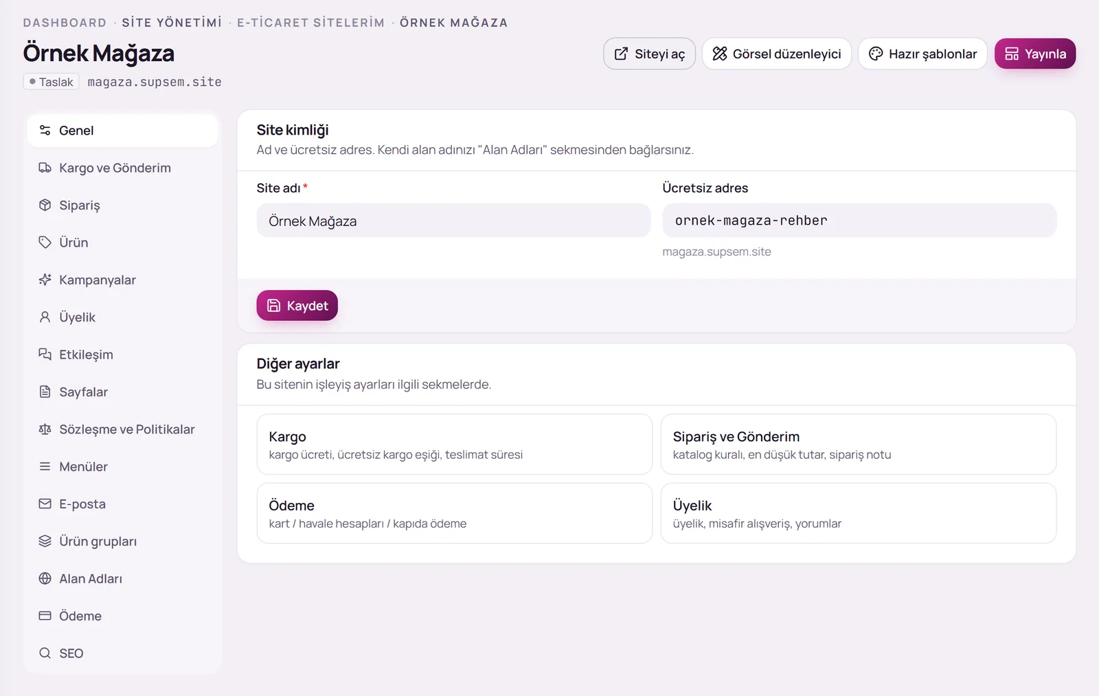 Site yönetim ekranı, üst düğmeler ve sekmeler