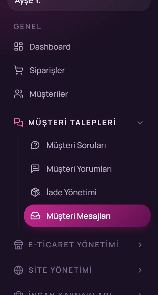 Sol menüde Müşteri Talepleri, Müşteri Mesajları seçimi