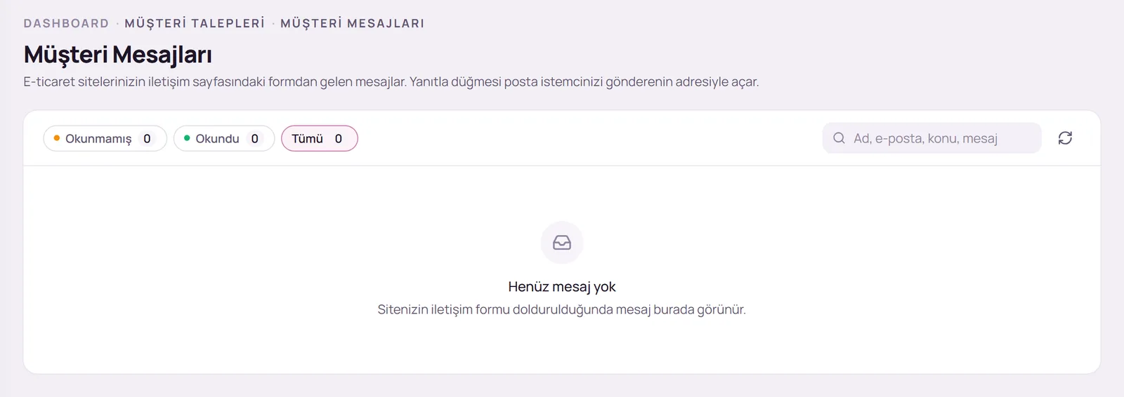 Müşteri Mesajları sayfası