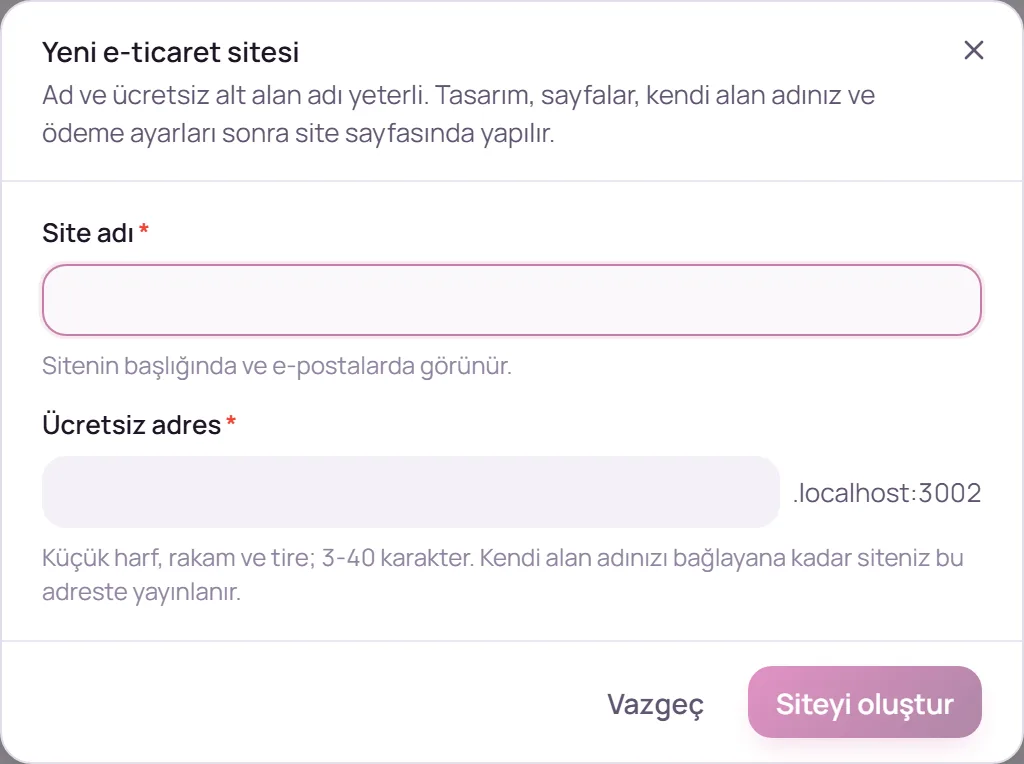 Yeni e-ticaret sitesi penceresi