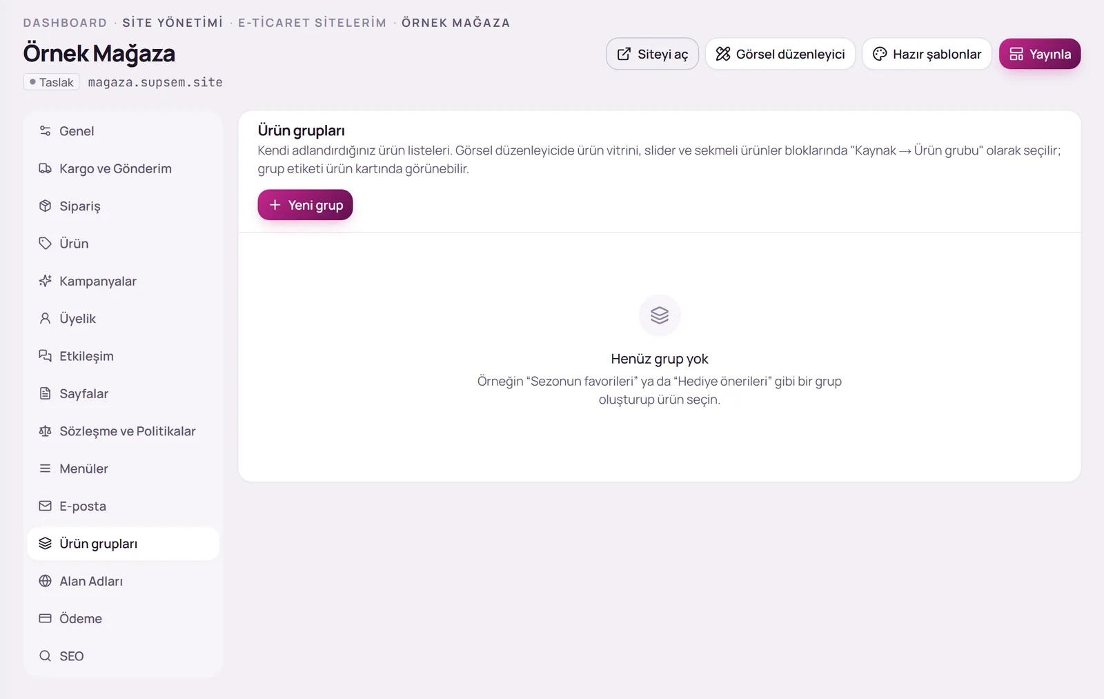 Ürün grupları sekmesi