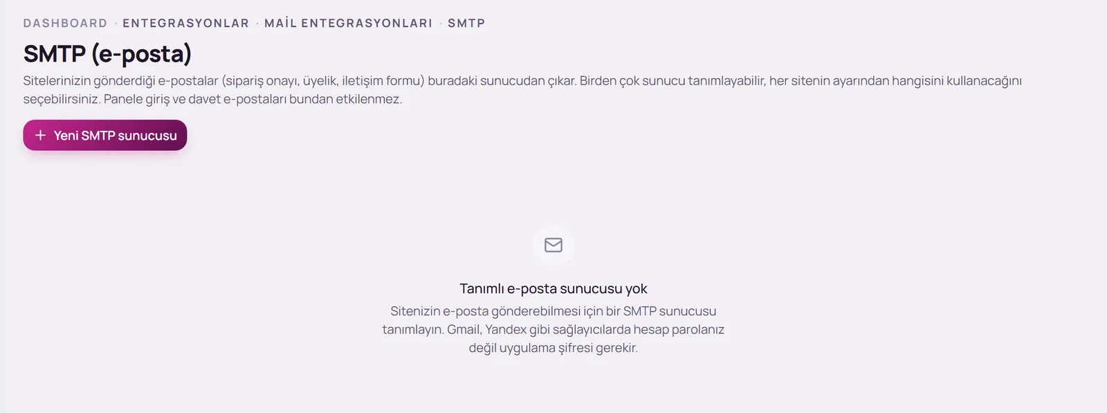 SMTP sayfası ve Yeni SMTP sunucusu düğmesi
