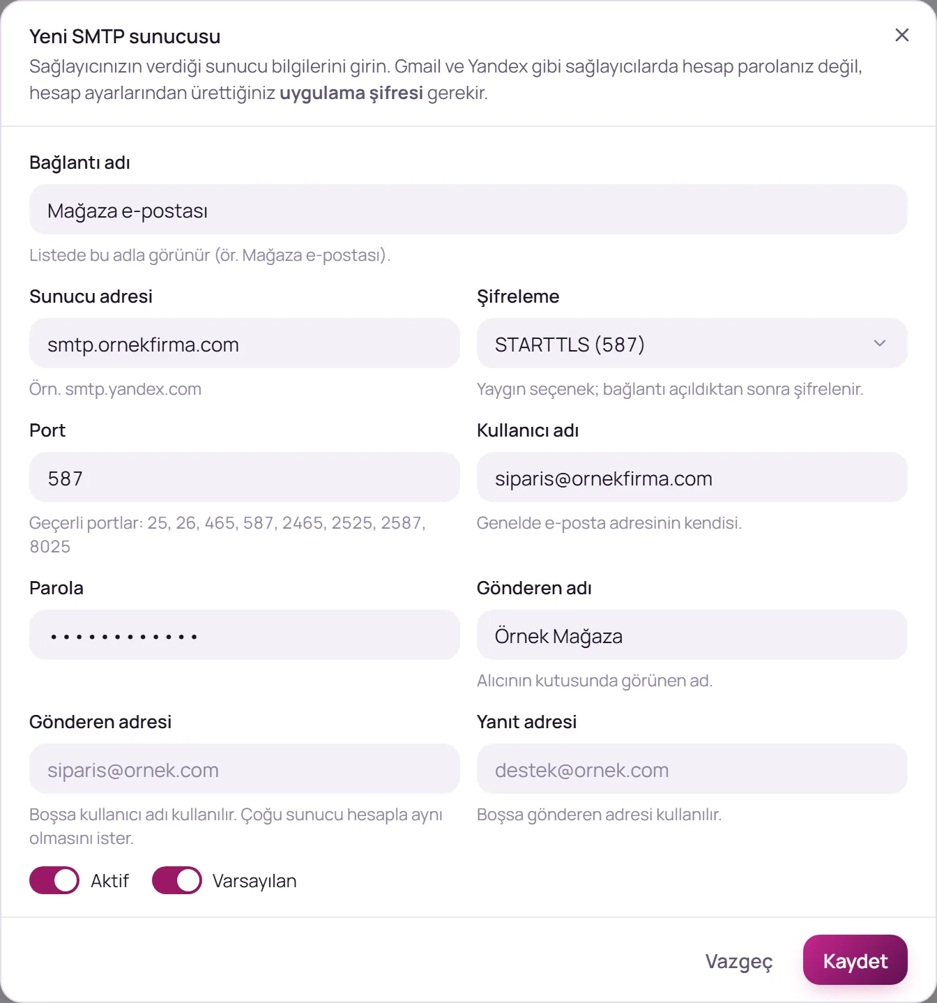 SMTP sunucu formu