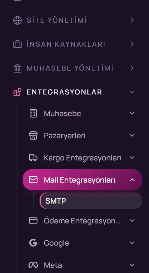 Sol menüde Entegrasyonlar, Mail Entegrasyonları ve SMTP seçimi