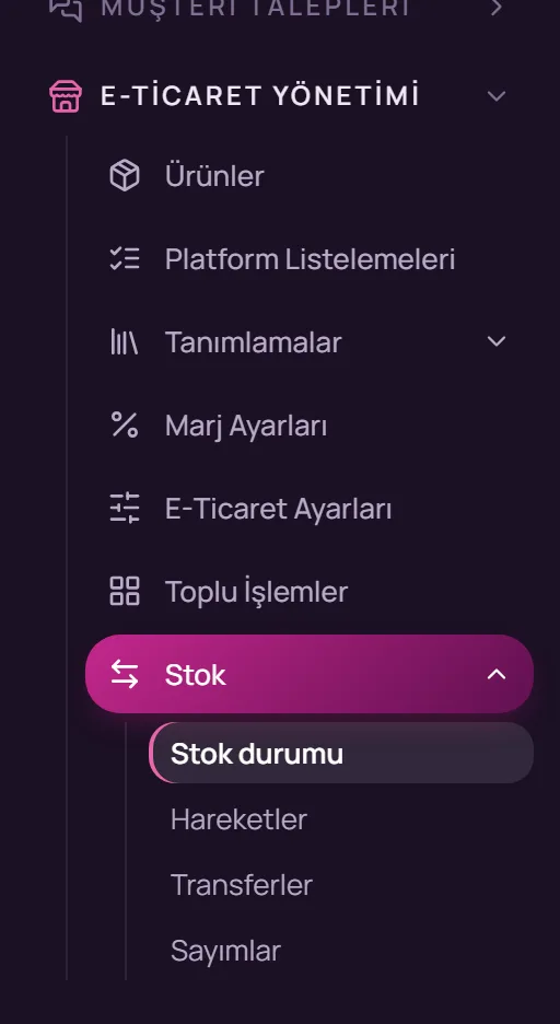 Sol menüde E-Ticaret Yönetimi, Stok, Stok durumu seçimi