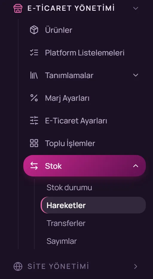 Sol menüde E-Ticaret Yönetimi, Stok, Hareketler seçimi