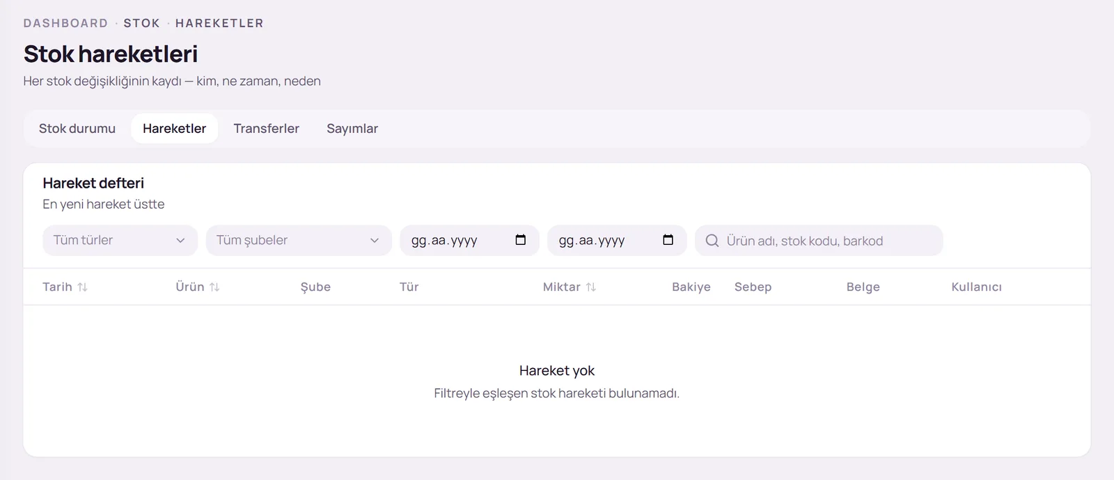 Stok hareketleri sayfası
