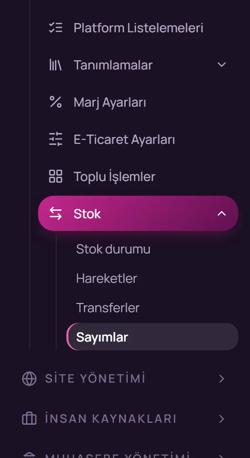 Sol menüde E-Ticaret Yönetimi, Stok, Sayımlar seçimi