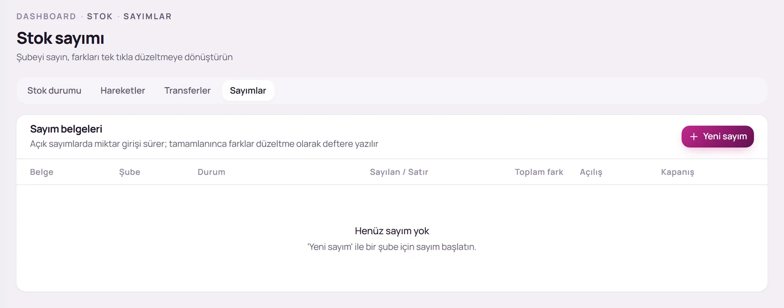 Stok sayımı sayfası ve Yeni sayım düğmesi