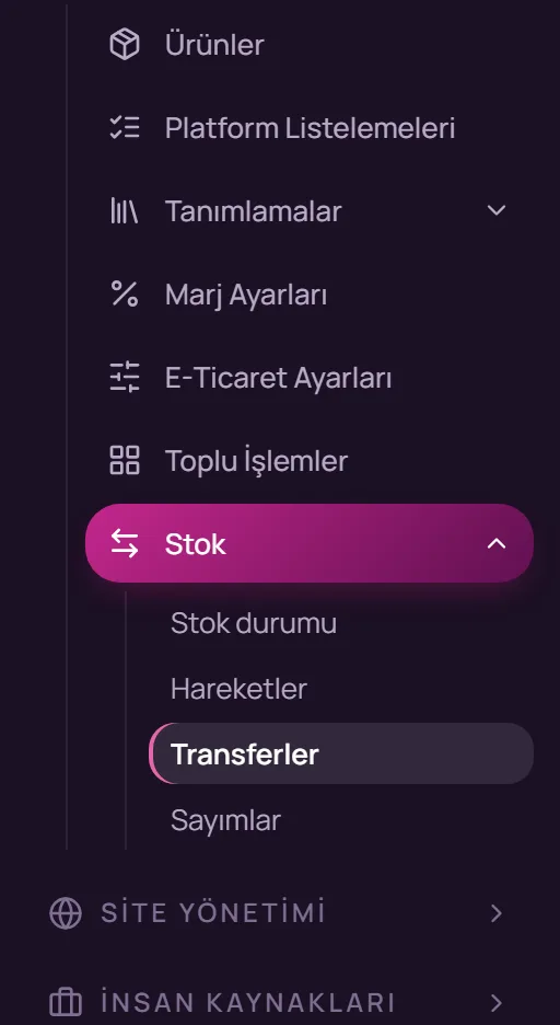 Sol menüde E-Ticaret Yönetimi, Stok, Transferler seçimi