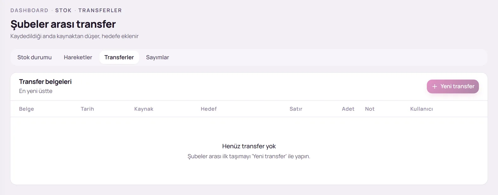 Transferler sayfası ve Yeni transfer düğmesi