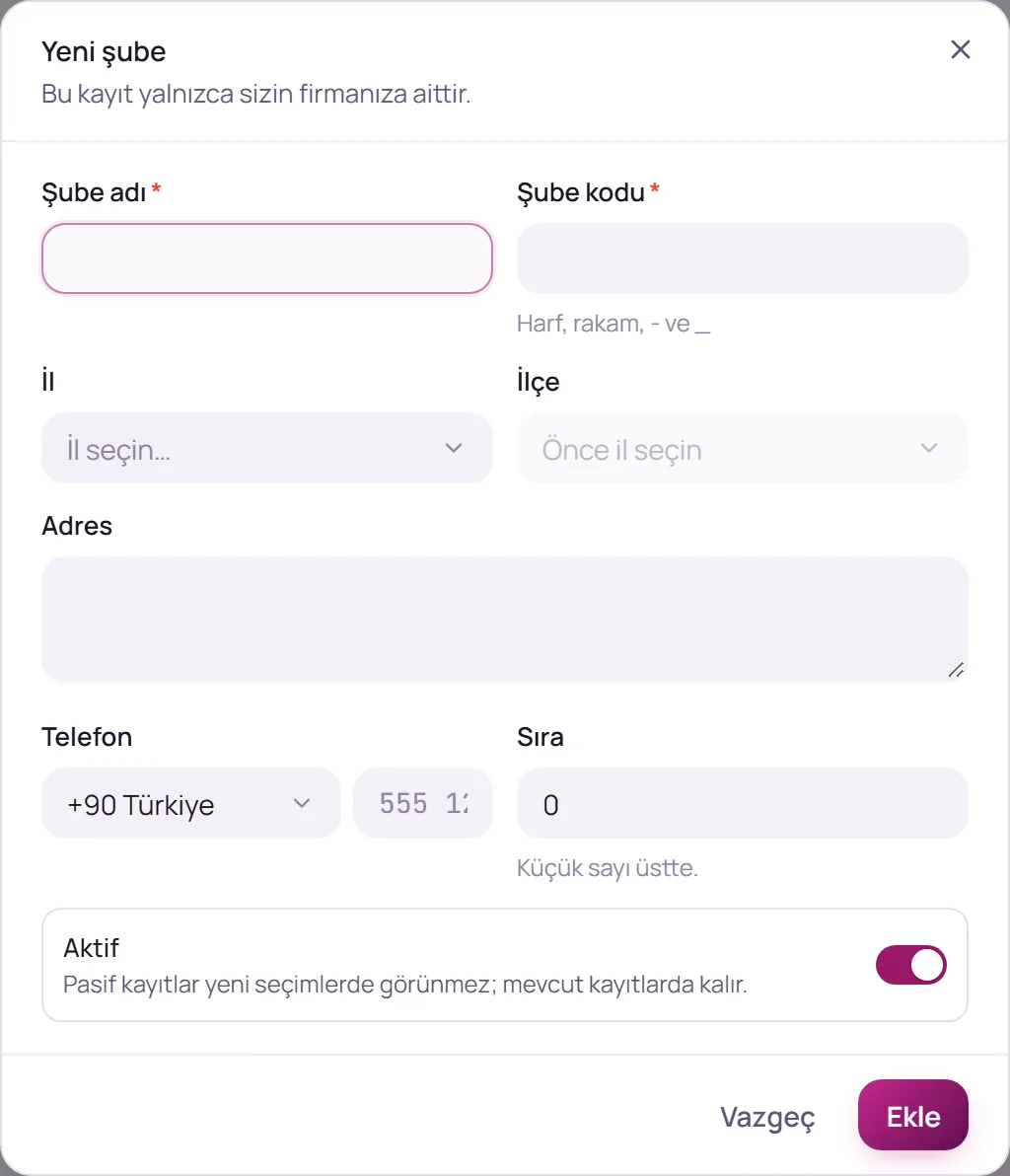 Yeni şube penceresi