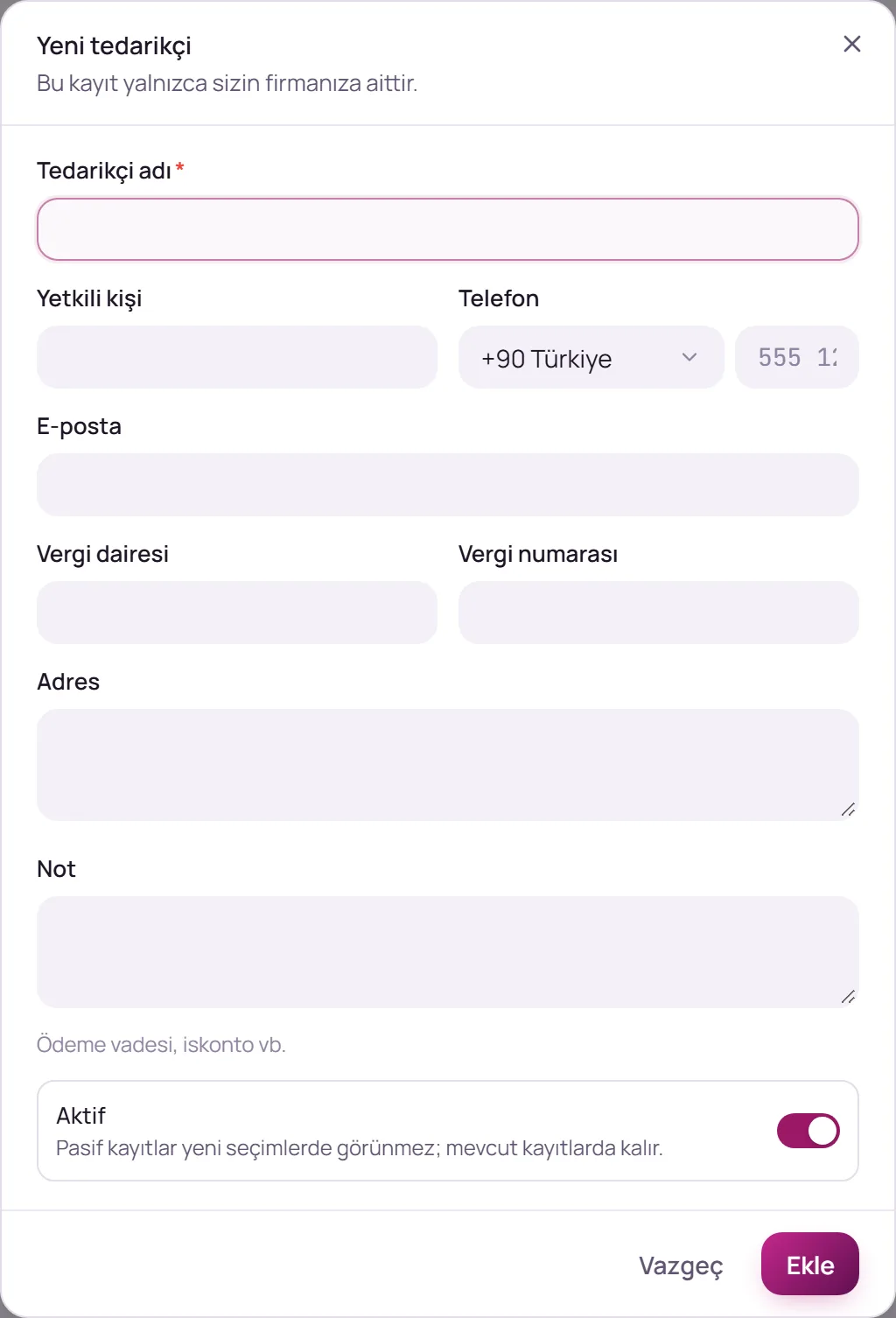 Yeni tedarikçi penceresi