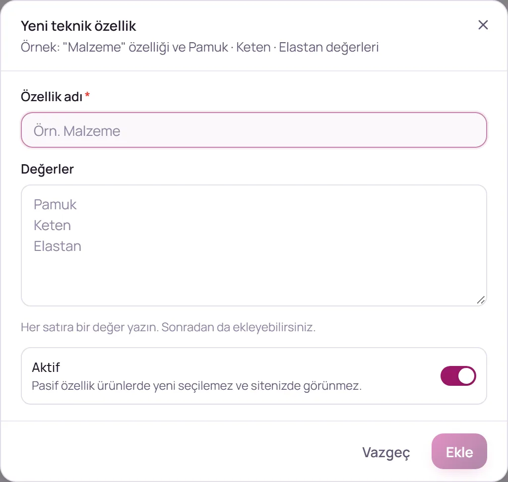 Yeni teknik özellik penceresi