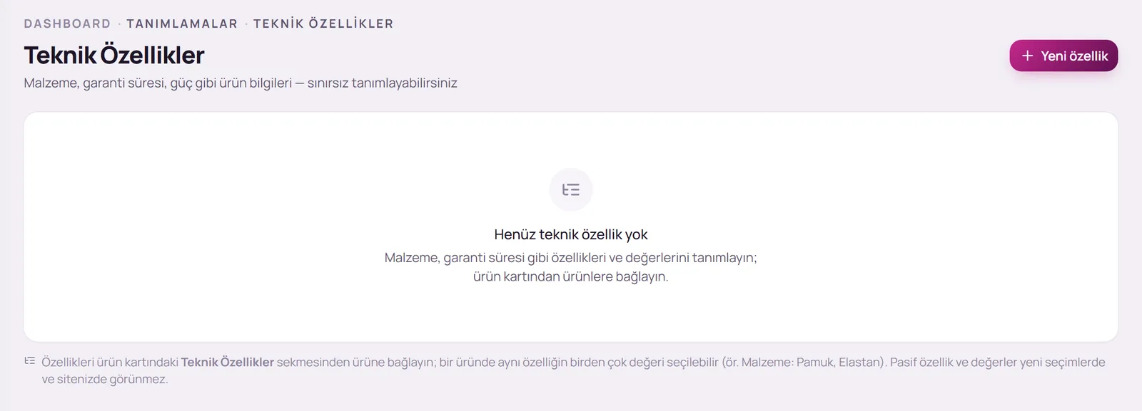Teknik Özellikler sayfası