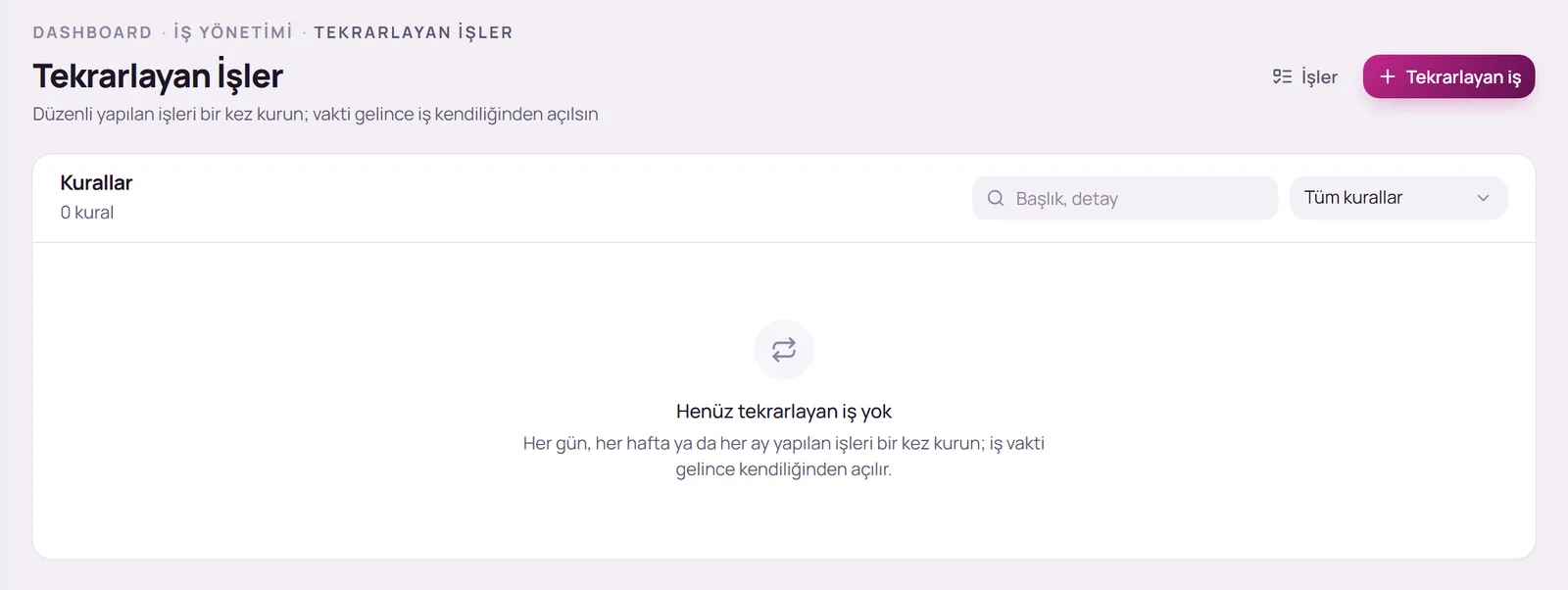 Tekrarlayan İşler sayfası ve Tekrarlayan iş düğmesi