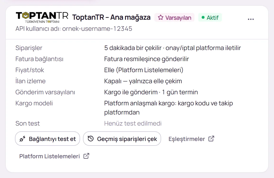 Kaydedilmiş ToptanTR bağlantı kartı
