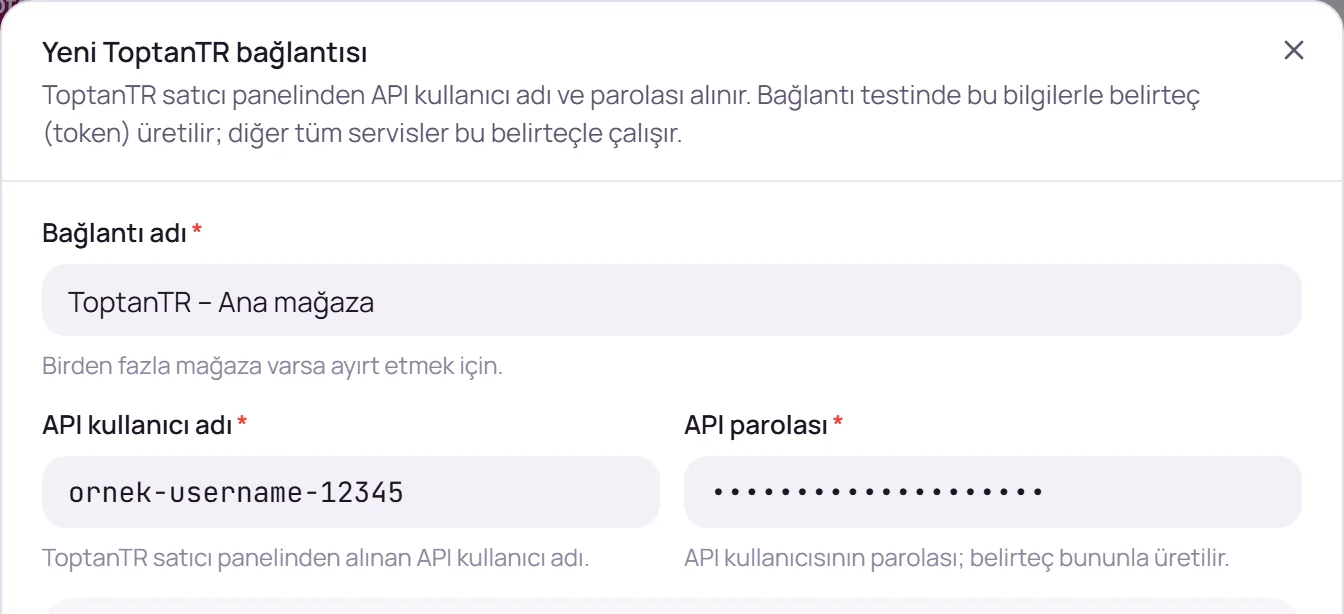 Bağlantı adı ve ToptanTR mağaza bilgileri alanları
