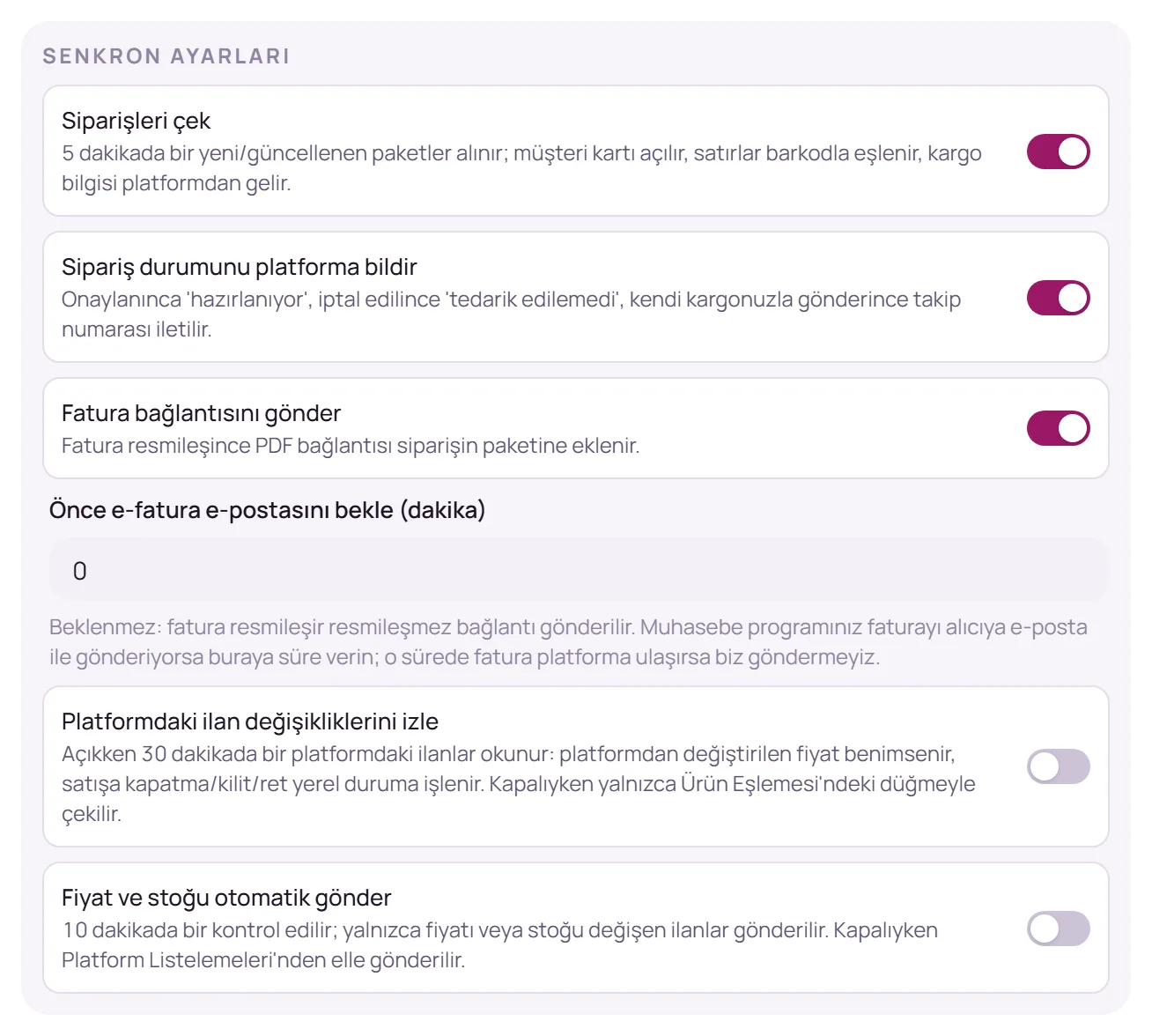 Senkron ayarları bölümü