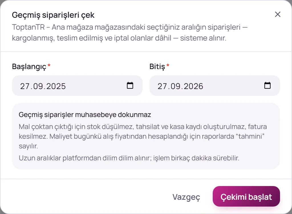 Geçmiş siparişleri çek penceresi