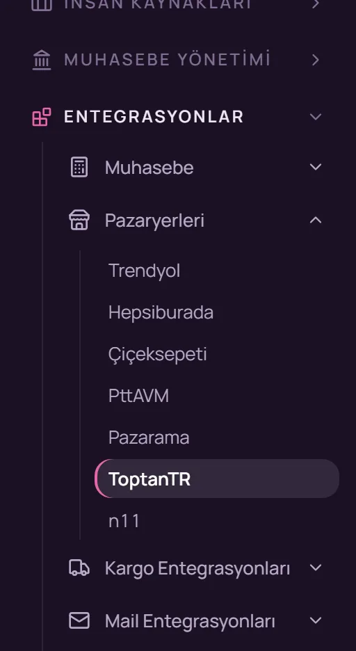 Sol menüde Entegrasyonlar, Pazaryerleri ve ToptanTR seçimi