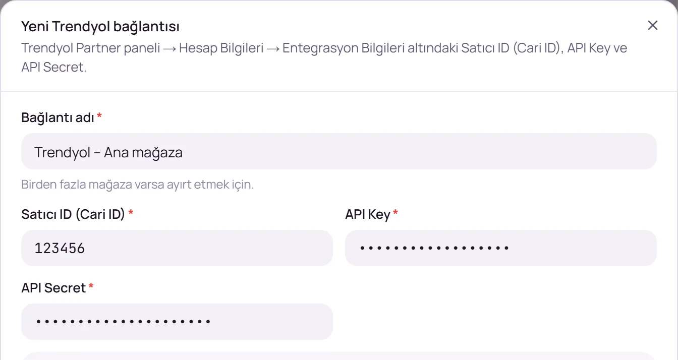Bağlantı adı ve Trendyol mağaza bilgileri alanları