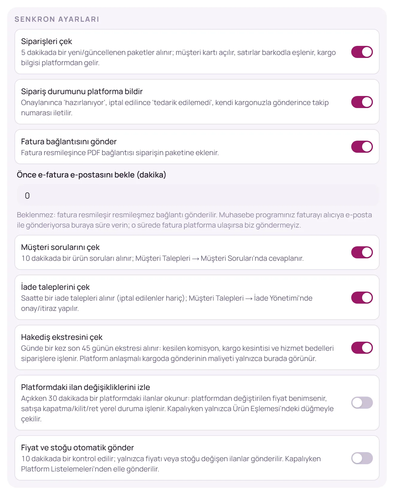 Senkron ayarları bölümü