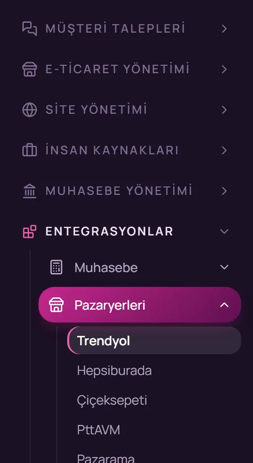 Sol menüde Entegrasyonlar, Pazaryerleri ve Trendyol seçimi